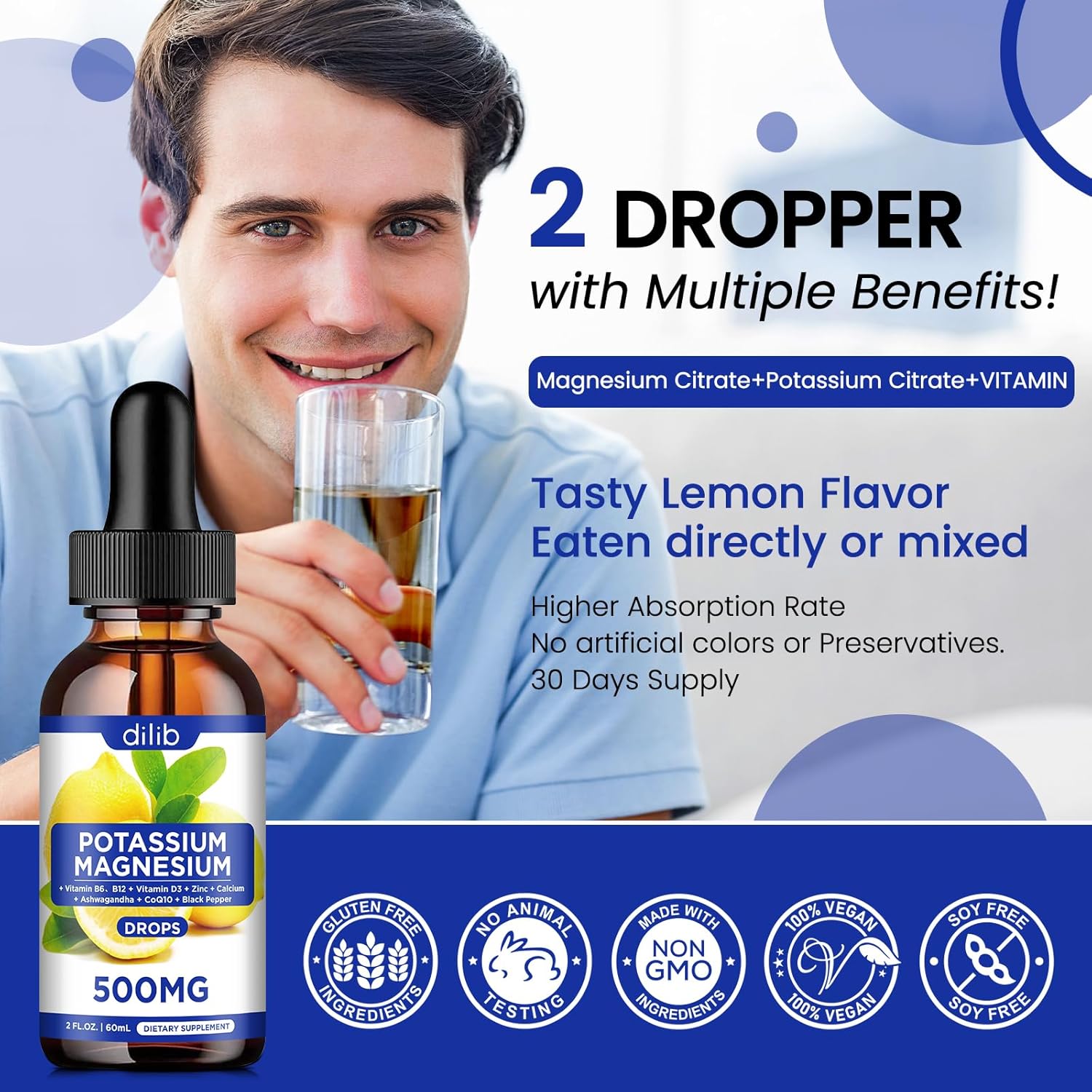 Potassium Magnesium Citrate Liquid Supplement with Ashwagandha, Calcium, Zinc, Vitamin D3 - Vegan Lemon Flavor - 2 fl oz