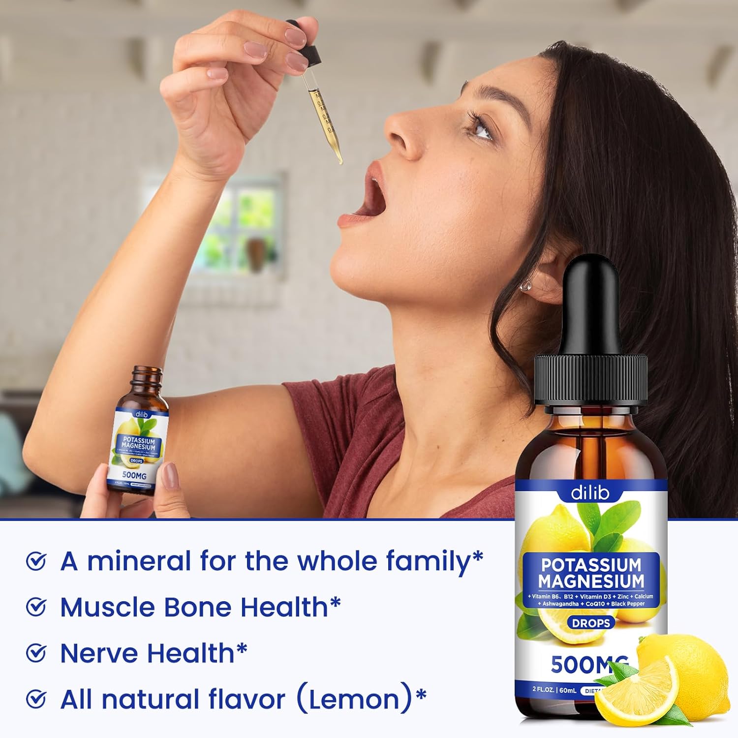 Potassium Magnesium Citrate Liquid Supplement with Ashwagandha, Calcium, Zinc, Vitamin D3 - Vegan Lemon Flavor - 2 fl oz