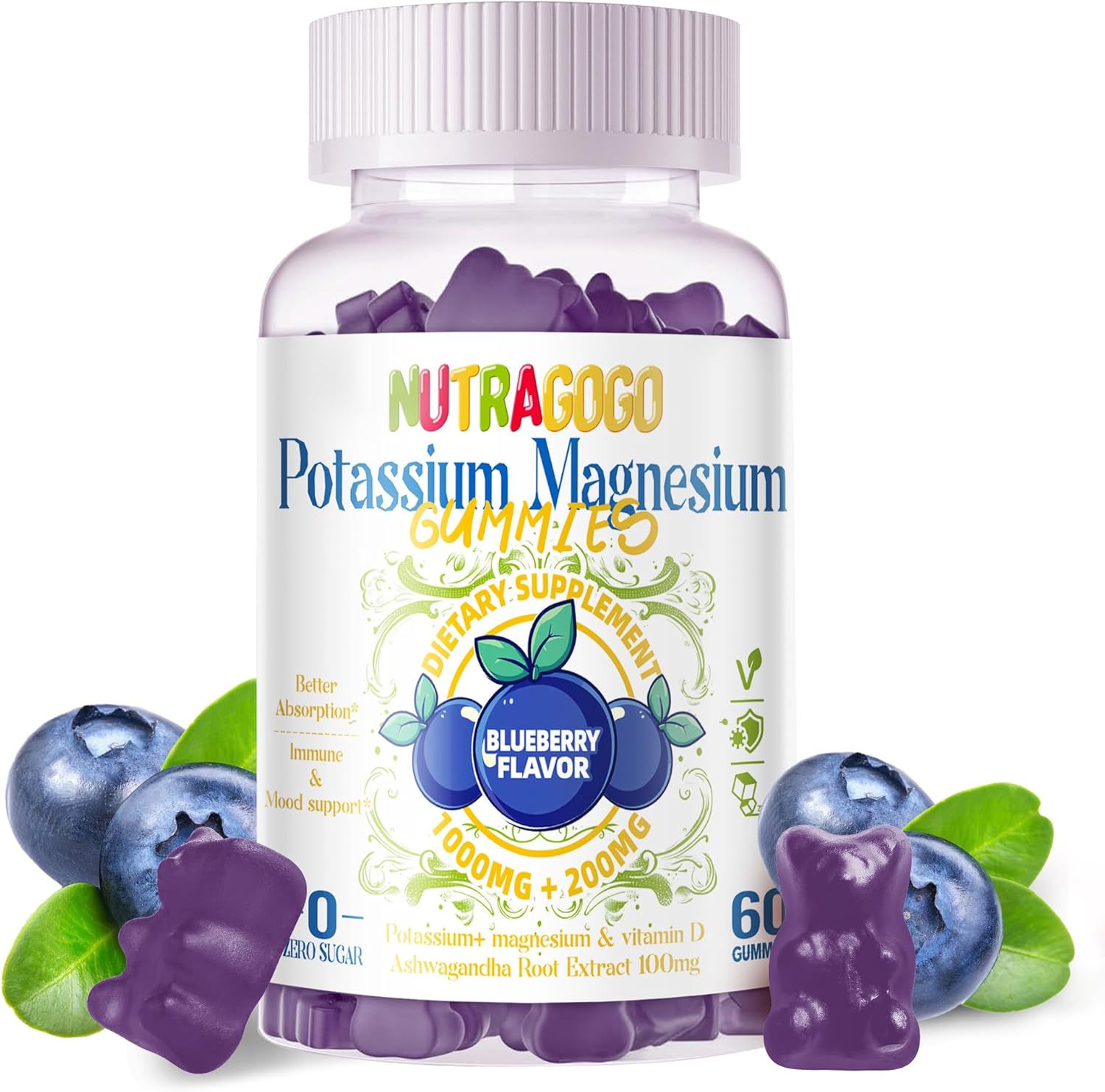 Potassium & Magnesium Gummies with Ashwagandha, B6, D3 - High Absorption Formula for Leg Cramps, Muscle Support - Sugar-Free, 60 Gummies for Adults & Kids