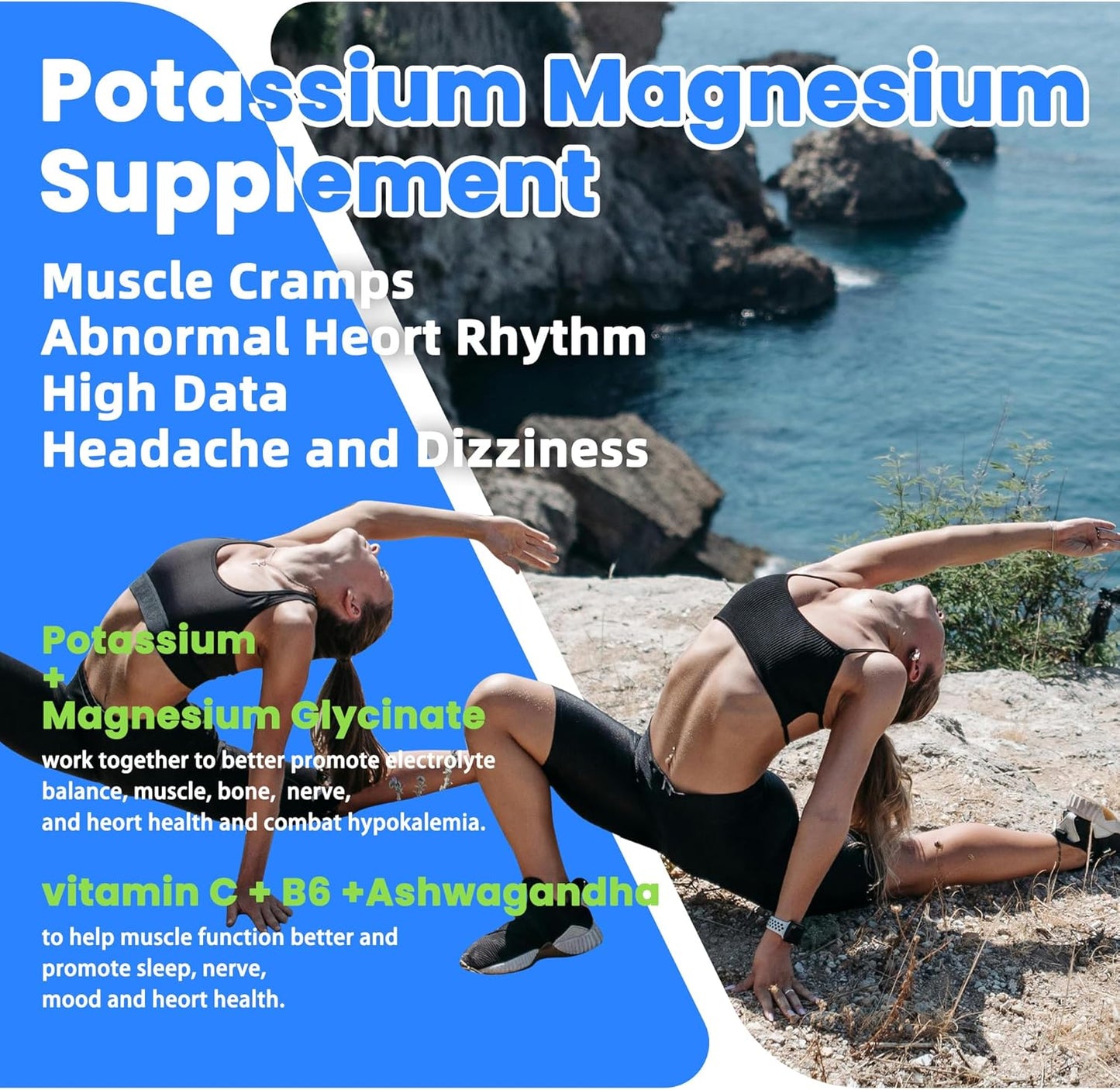 Potassium & Magnesium Gummies with Ashwagandha, B6, D3 - High Absorption Formula for Leg Cramps, Muscle Support - Sugar-Free, 60 Gummies for Adults & Kids