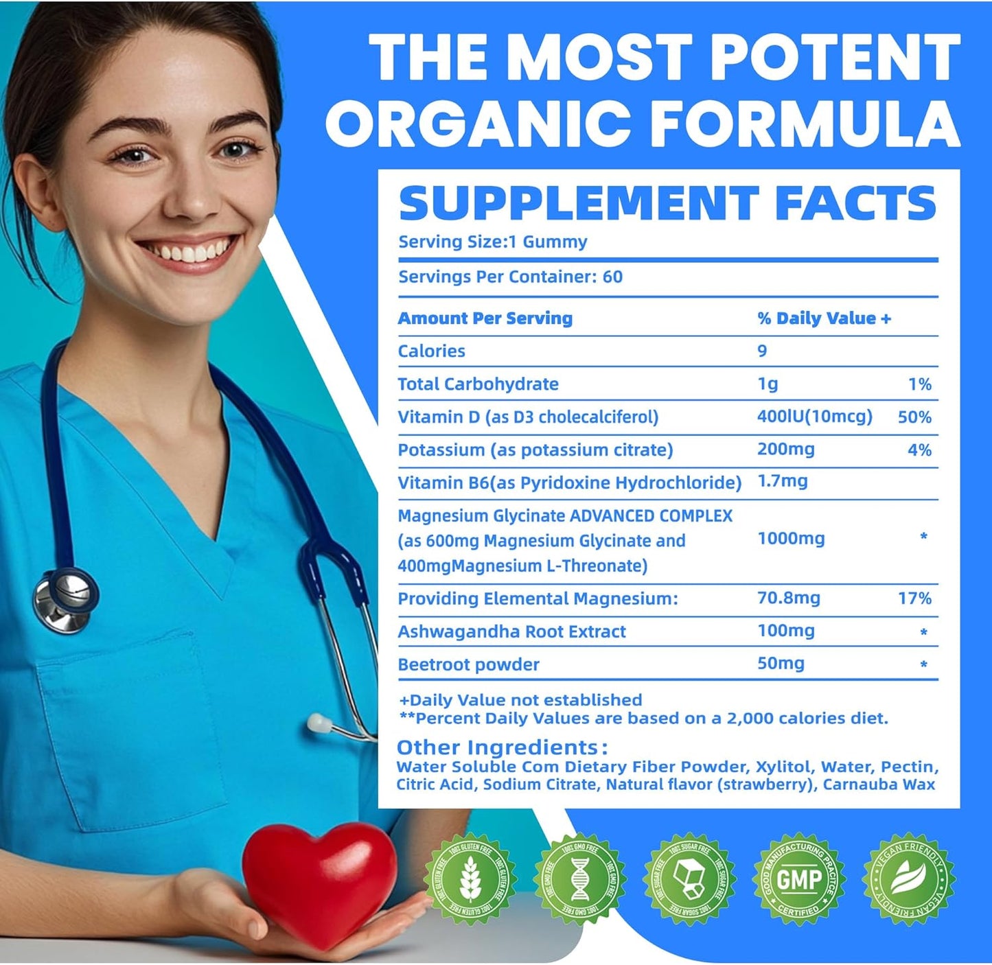 Potassium & Magnesium Gummies with Ashwagandha, B6, D3 - High Absorption Formula for Leg Cramps, Muscle Support - Sugar-Free, 60 Gummies for Adults & Kids