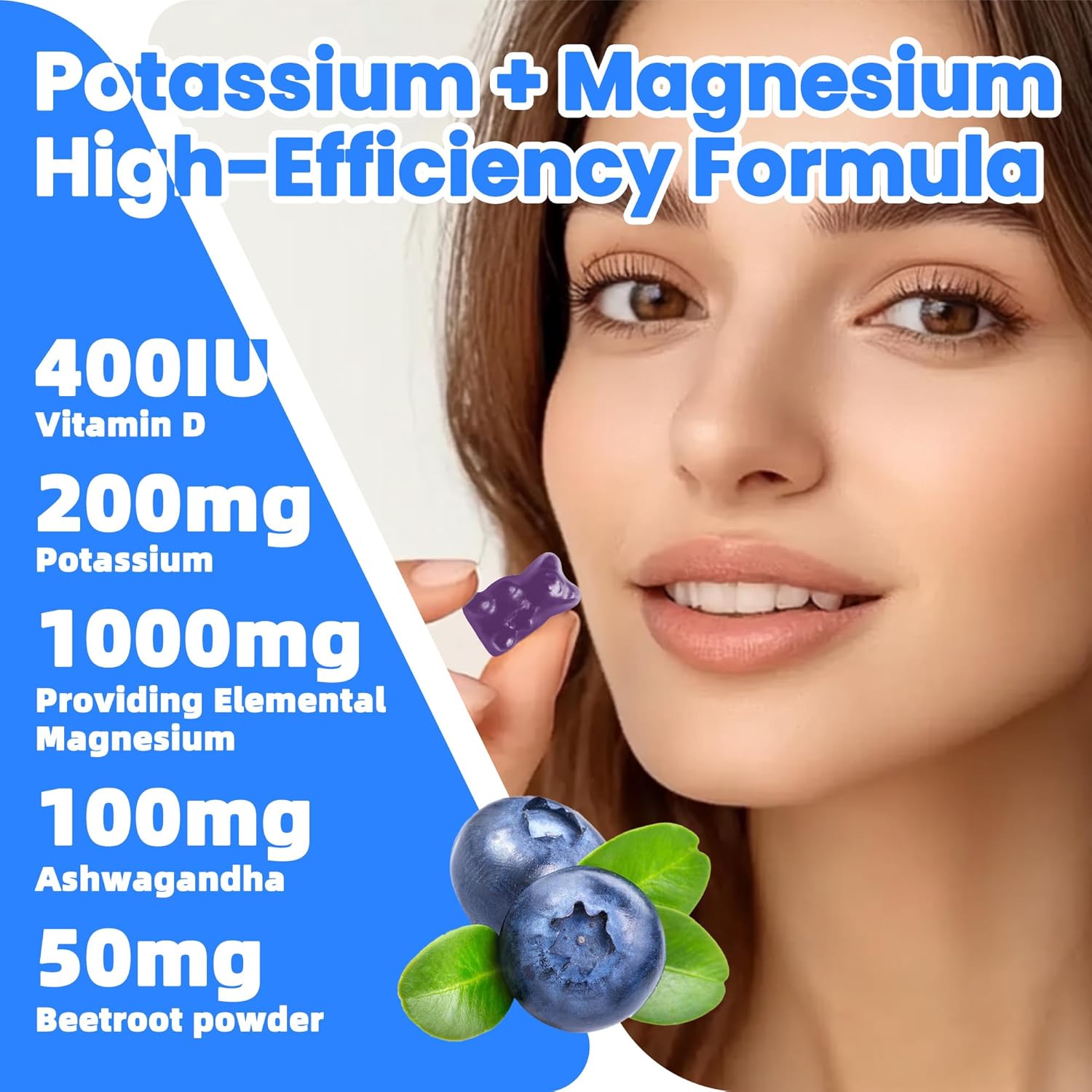 Potassium & Magnesium Gummies with Ashwagandha, B6, D3 - High Absorption Formula for Leg Cramps, Muscle Support - Sugar-Free, 60 Gummies for Adults & Kids