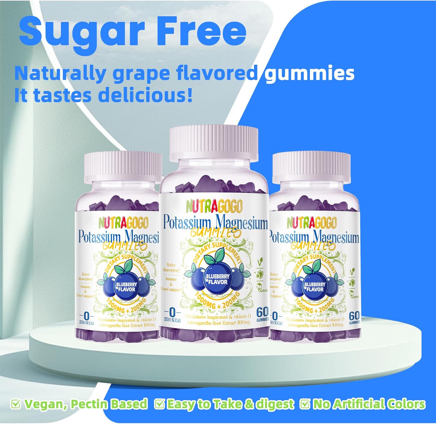 Potassium & Magnesium Gummies with Ashwagandha, B6, D3 - High Absorption Formula for Leg Cramps, Muscle Support - Sugar-Free, 60 Gummies for Adults & Kids