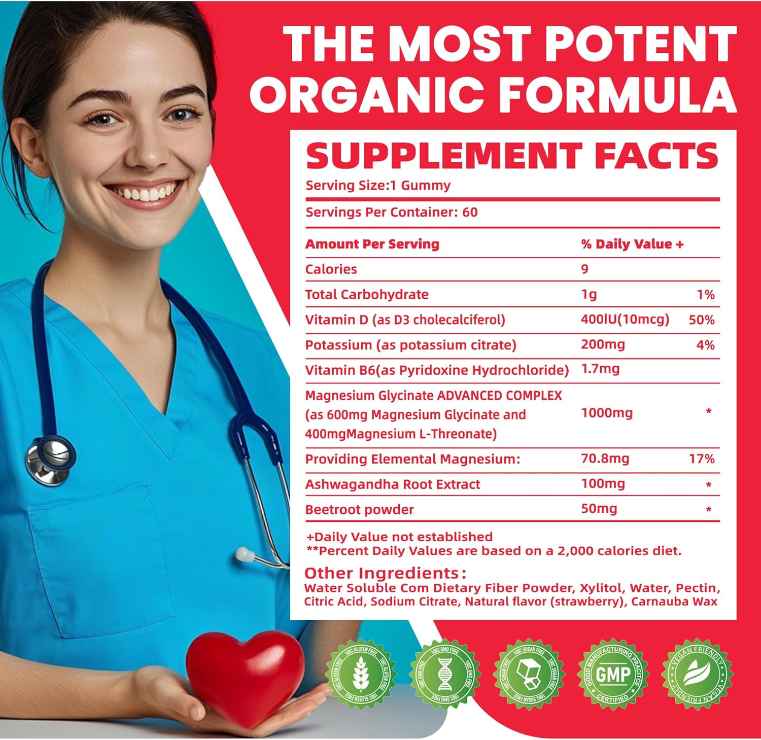 Potassium Magnesium Gummies with Ashwagandha for Adults and Kids - 60 Strawberry Chews, Sugar-Free Formula with High Absorption Magnesium Glycinate, B6, D3, and Potassium Citrate