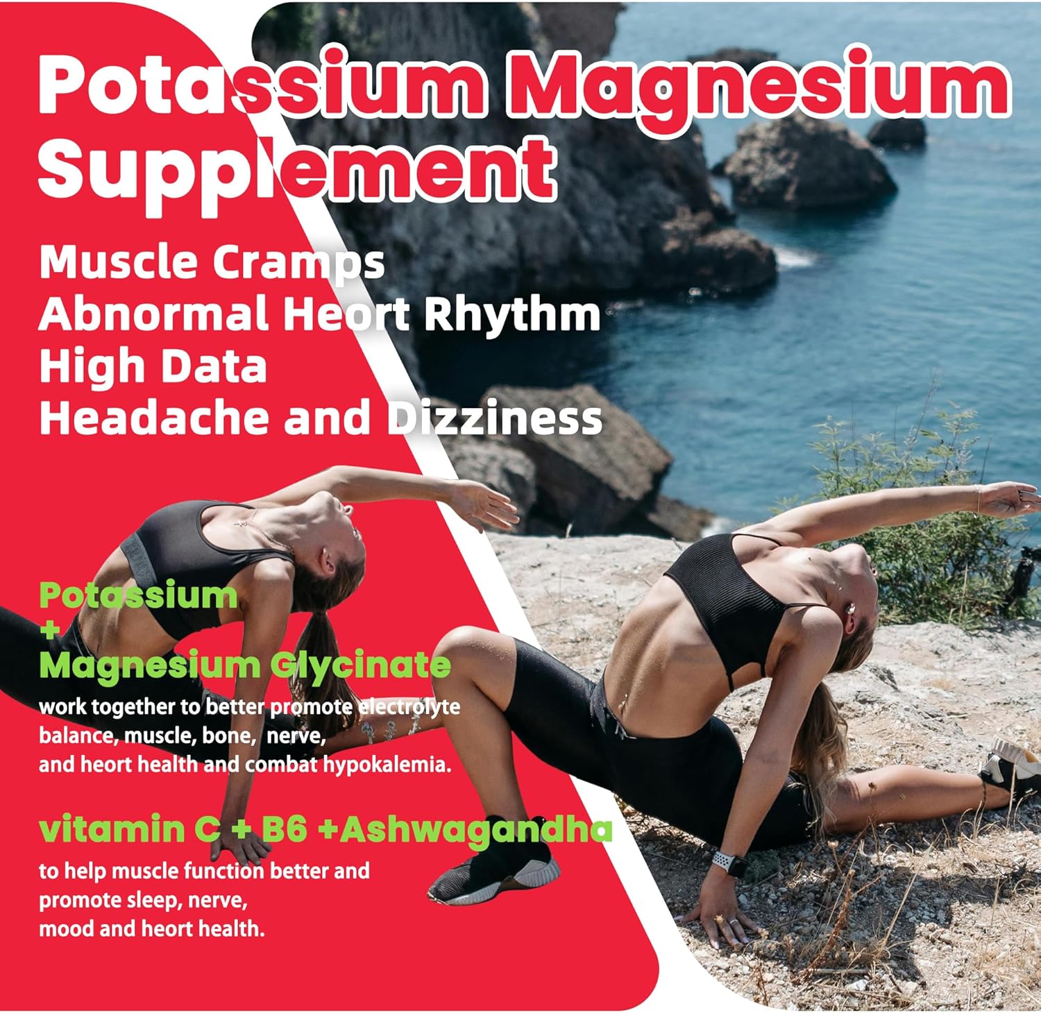 Potassium Magnesium Gummies with Ashwagandha for Adults and Kids - 60 Strawberry Chews, Sugar-Free Formula with High Absorption Magnesium Glycinate, B6, D3, and Potassium Citrate