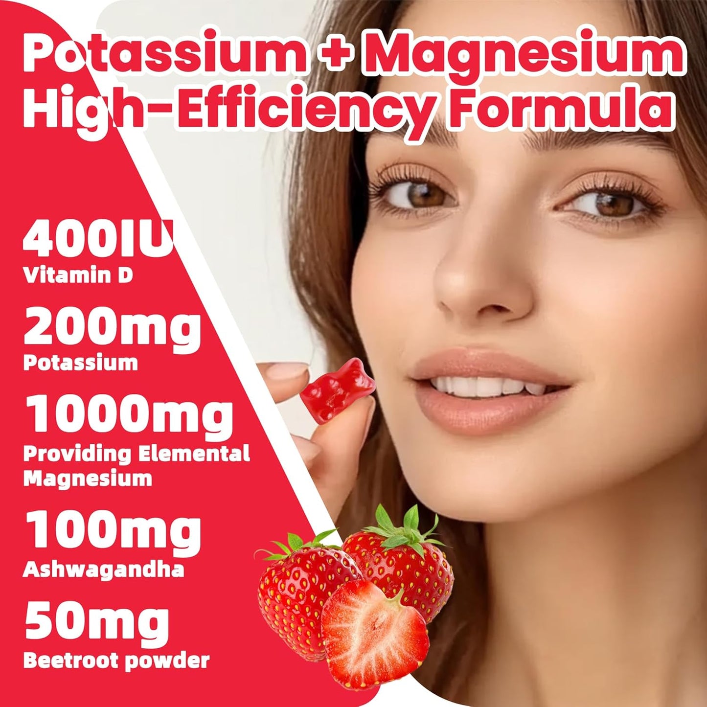 Potassium Magnesium Gummies with Ashwagandha for Adults and Kids - 60 Strawberry Chews, Sugar-Free Formula with High Absorption Magnesium Glycinate, B6, D3, and Potassium Citrate