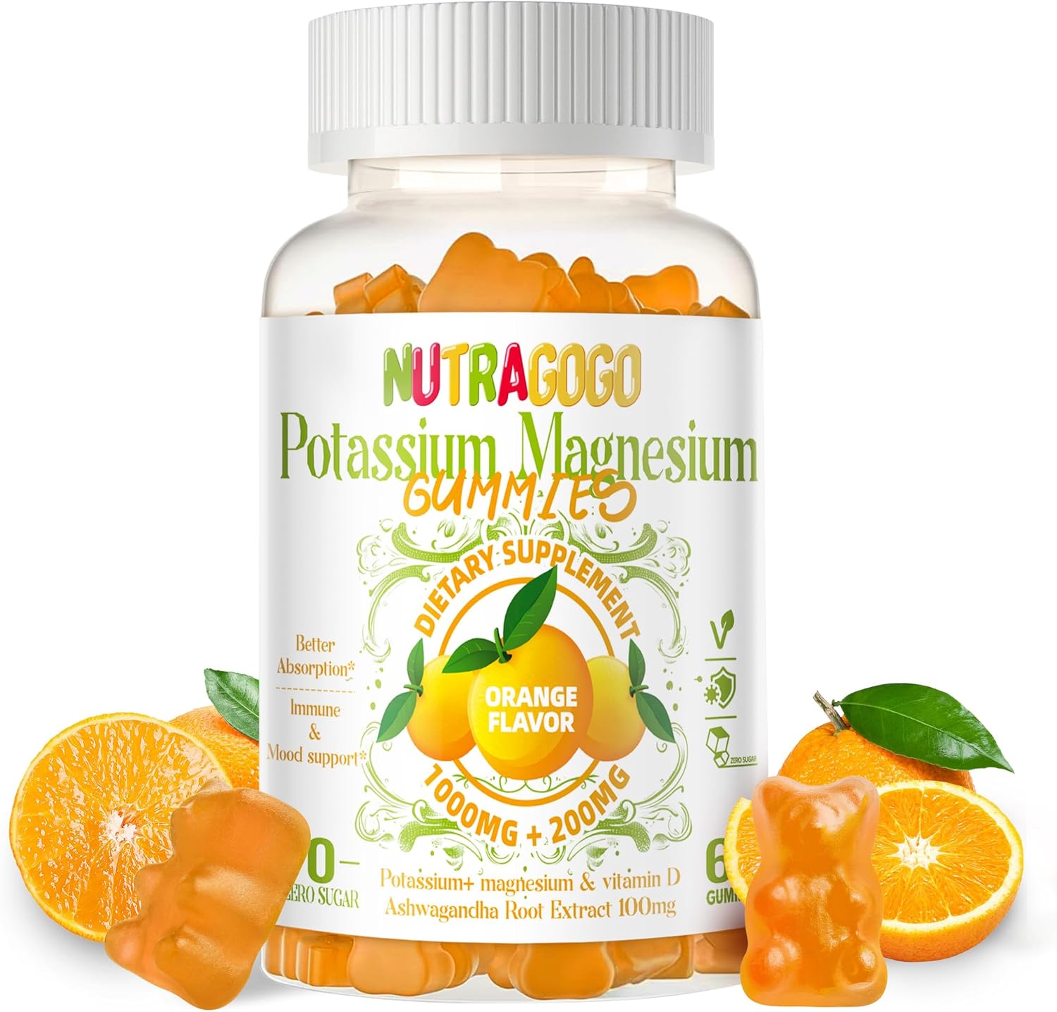 Potassium Magnesium Gummies with Ashwagandha for Muscle Cramps - 60 Sugar-Free Gummies for Adults and Kids