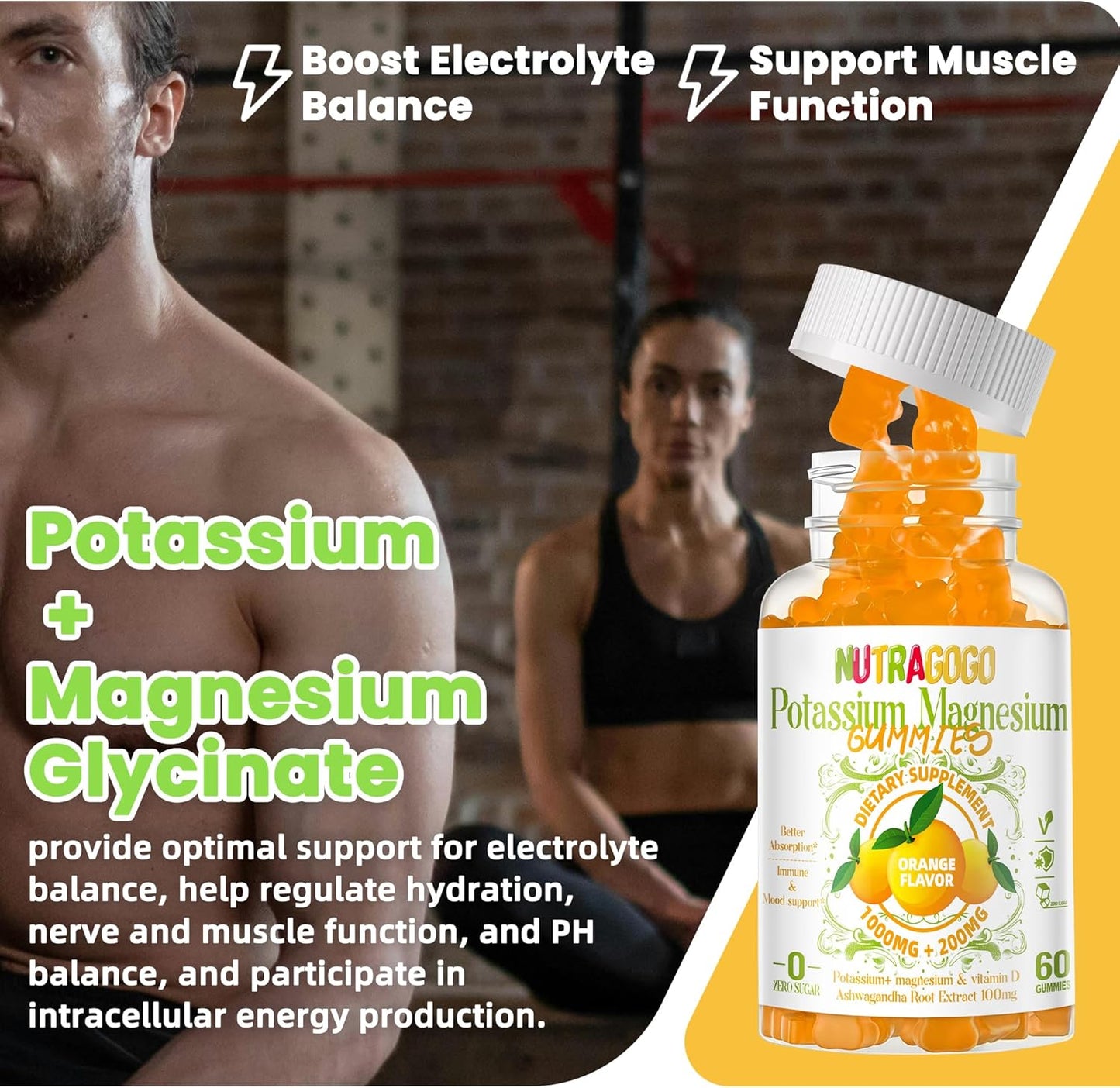 Potassium Magnesium Gummies with Ashwagandha for Muscle Cramps - 60 Sugar-Free Gummies for Adults and Kids