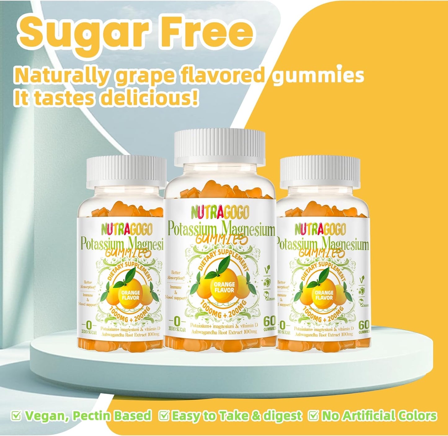 Potassium Magnesium Gummies with Ashwagandha for Muscle Cramps - 60 Sugar-Free Gummies for Adults and Kids