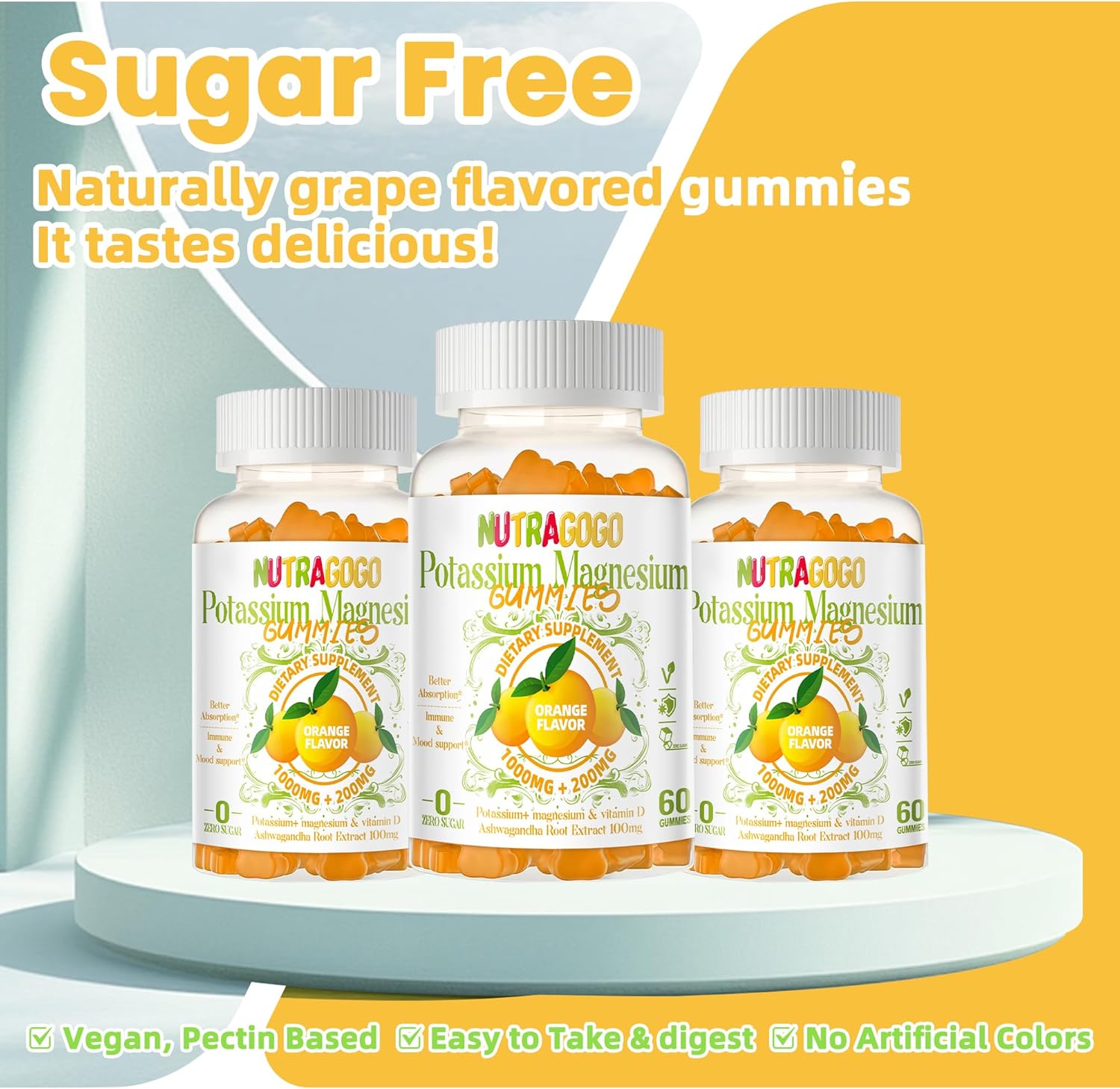 Potassium Magnesium Gummies with Ashwagandha for Muscle Cramps - 60 Sugar-Free Gummies for Adults and Kids