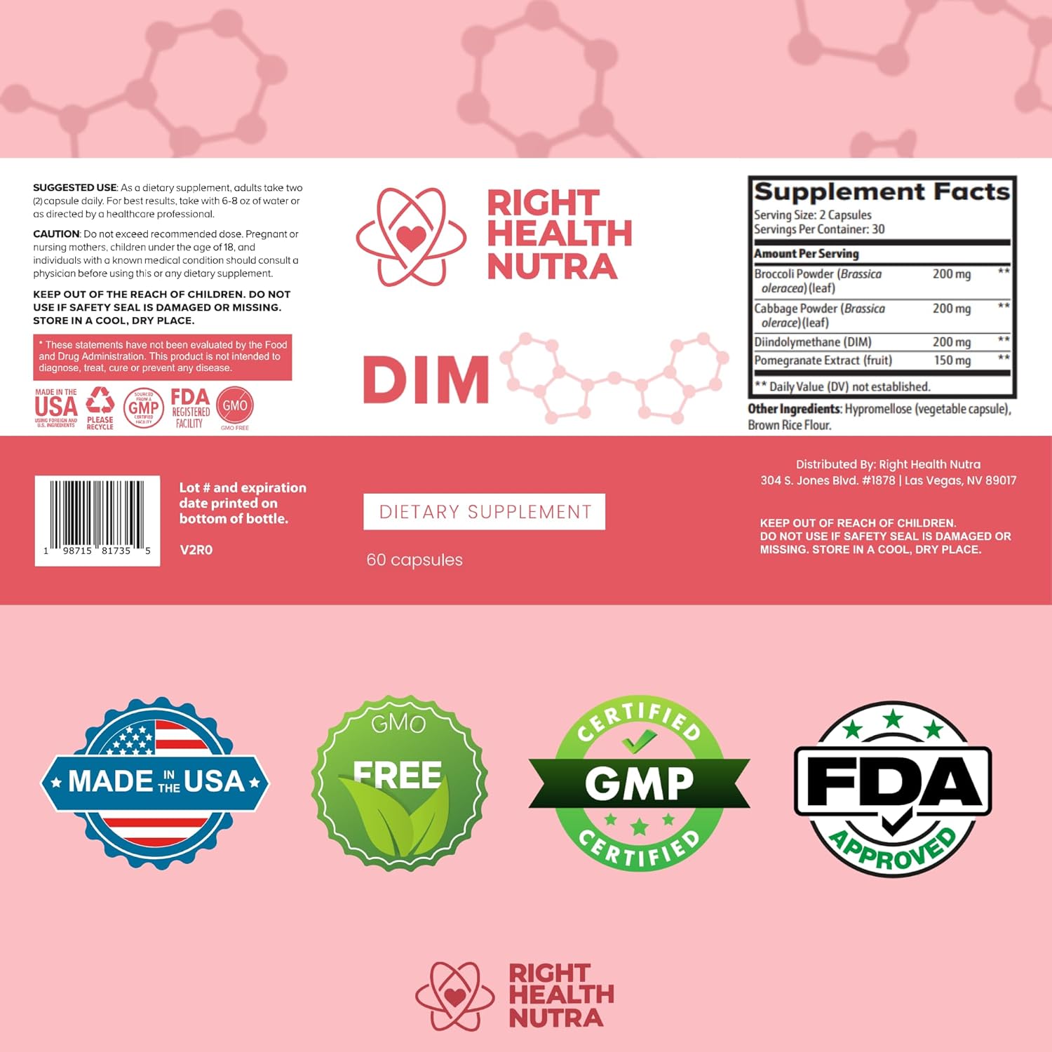 Potent 200mg DIM Supplement - 60 Capsules with Diindolylmethane, Cabbage, Broccoli, Pomegranate - For Men and Women