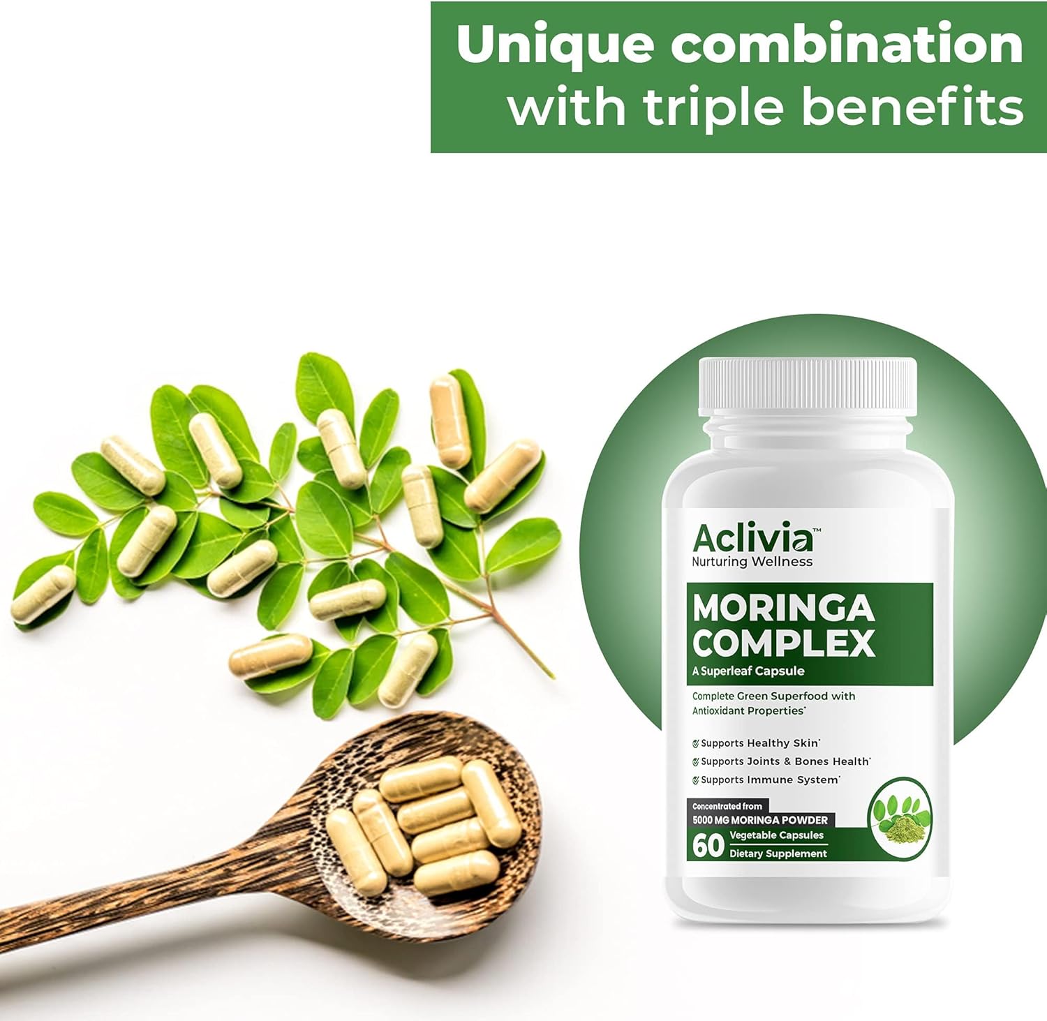 Potent 5000mg Aclivia Moringa Complex: Green Superfood with Antioxidant Properties, Leaf & Seed Extract