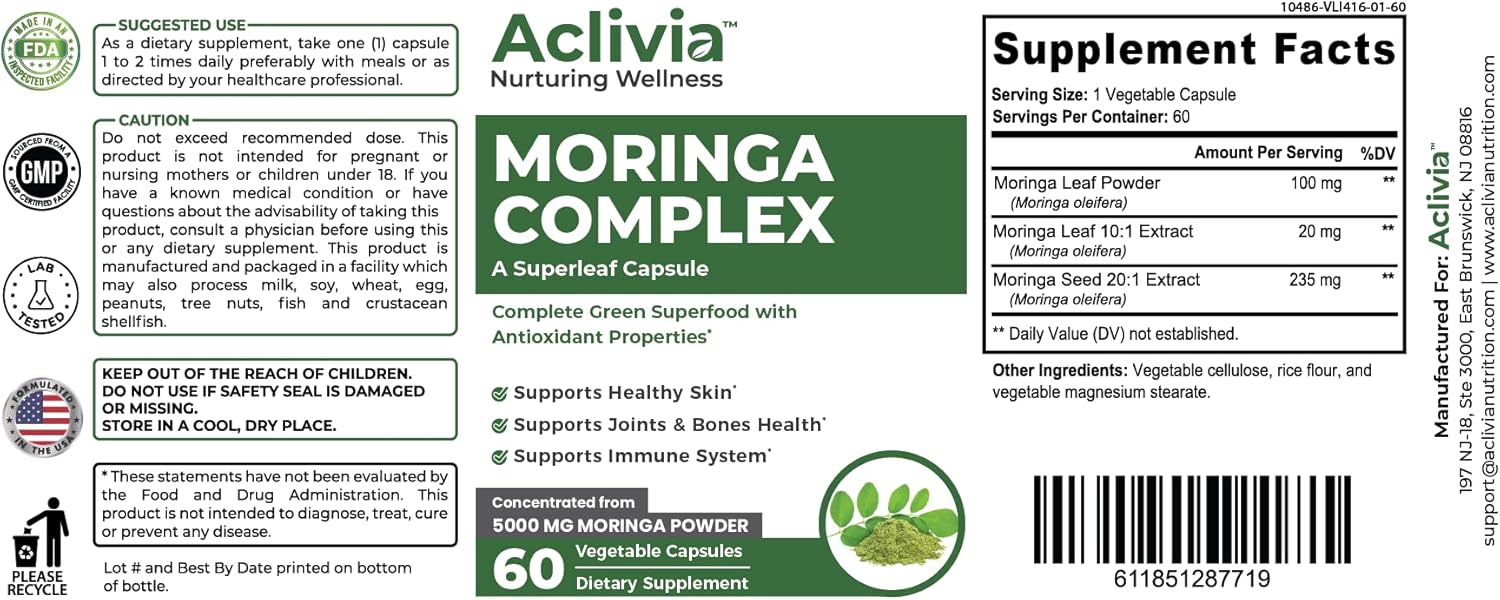 Potent 5000mg Aclivia Moringa Complex: Green Superfood with Antioxidant Properties, Leaf & Seed Extract