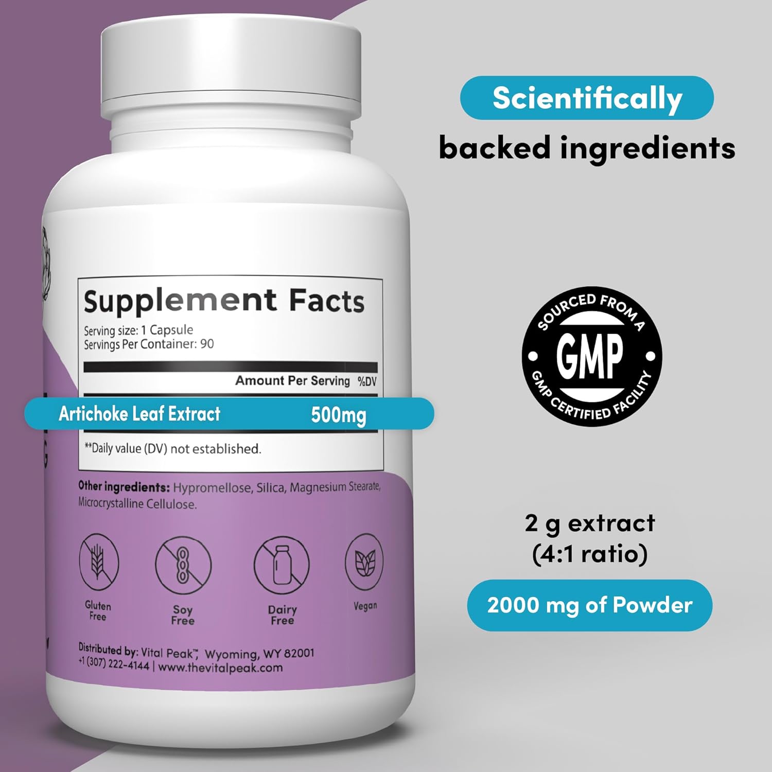 Potent 500mg Artichoke Leaf Extract Capsules - Natural Supplement for Vital Peak Health - 60 Capsules