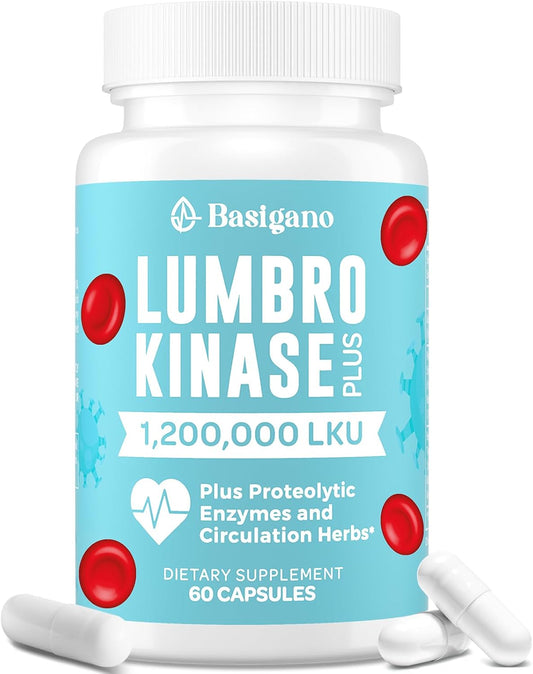 Potent Basigano Lumbrokinase Supplement 120mg Capsules - 1.2 Million LKU, Herbal Blend & Proteolytic Enzymes