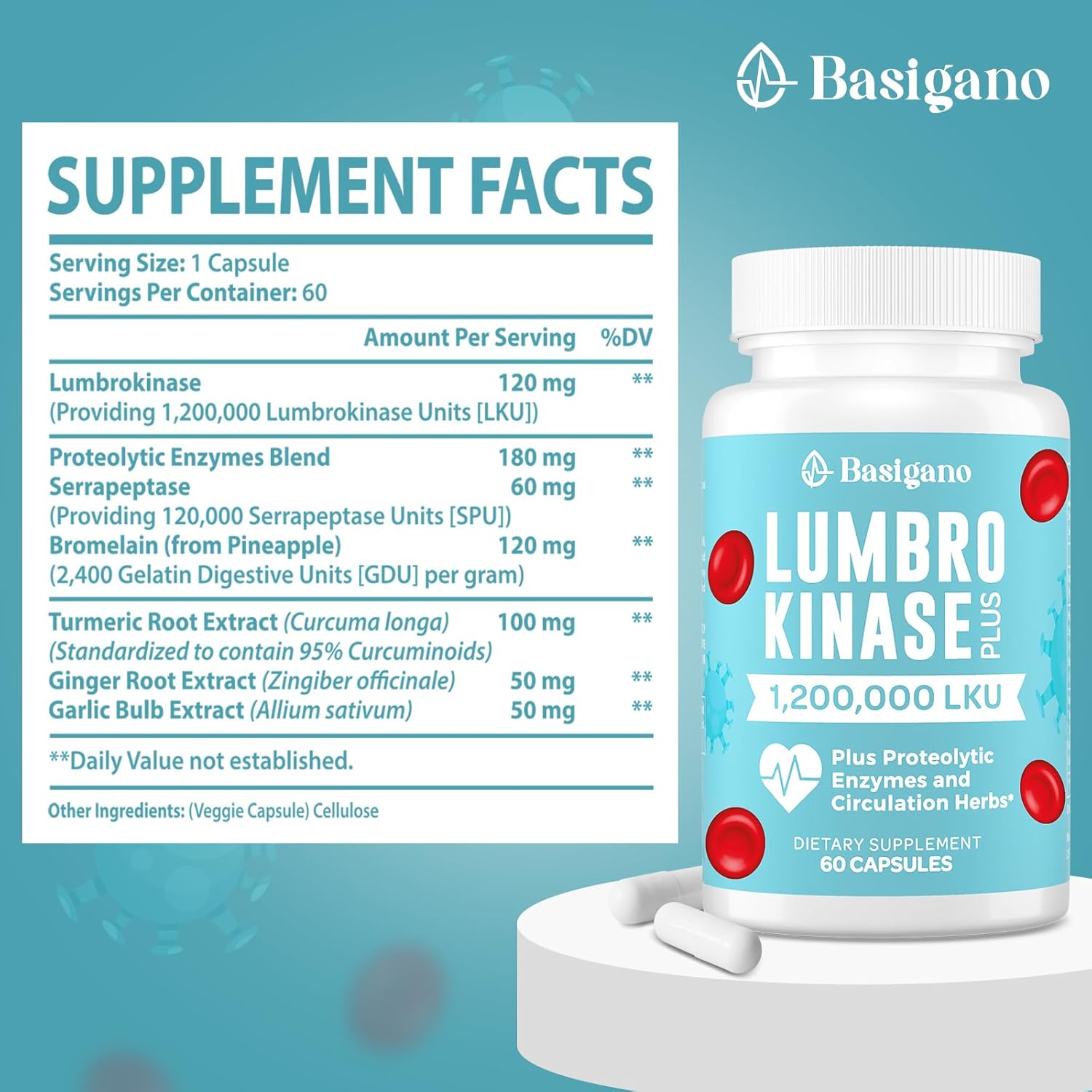 Potent Basigano Lumbrokinase Supplement 120mg Capsules - 1.2 Million LKU, Herbal Blend & Proteolytic Enzymes