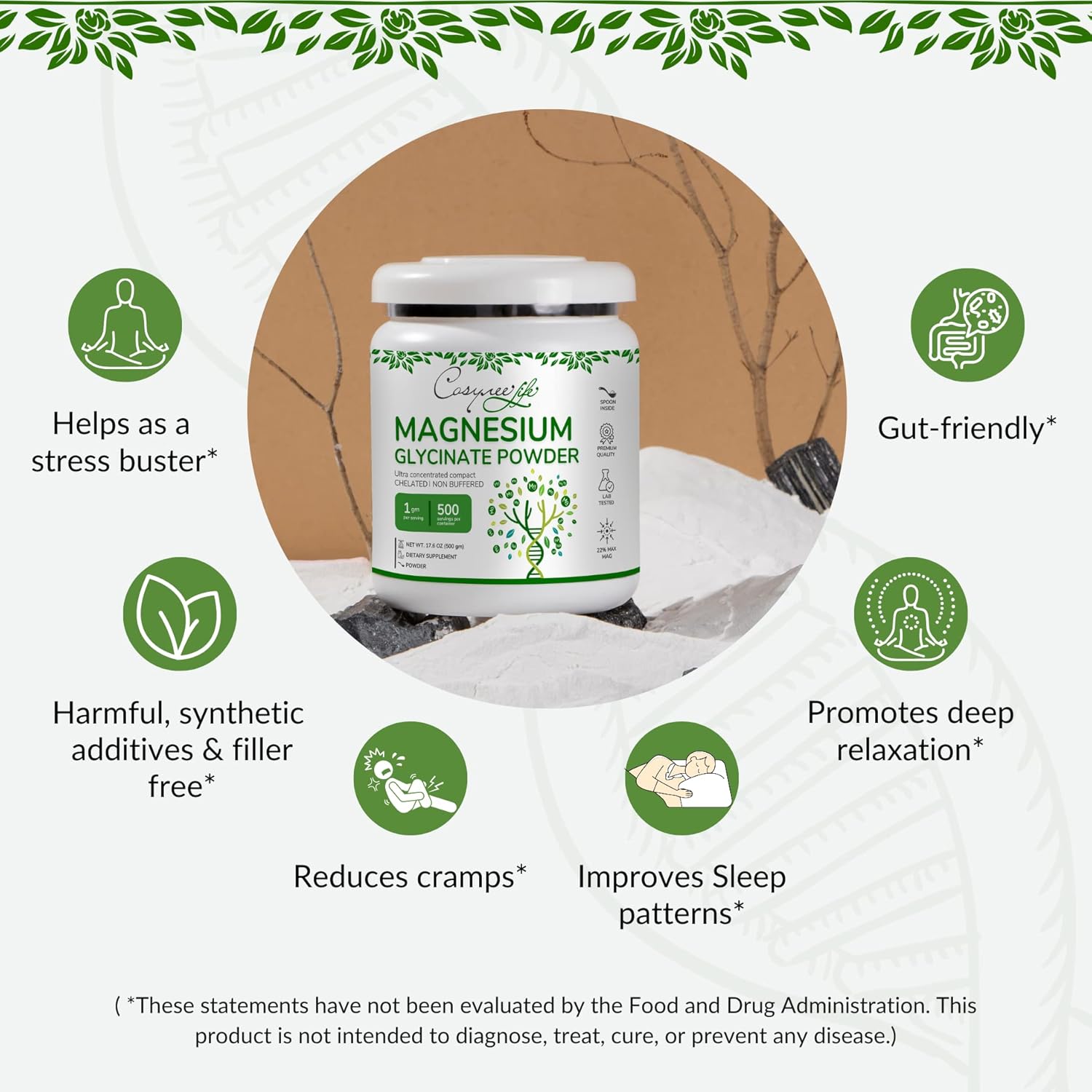 Potent Cosynee Magnesium Glycinate Powder for Ultimate Calming Relief - 17.6oz (500g)