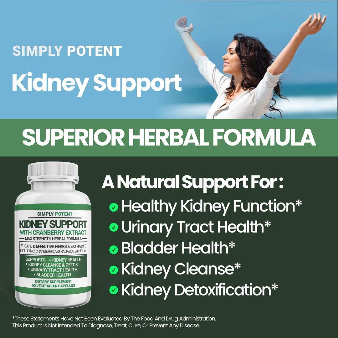 Potent Kidney Support Supplement with 21 Herbs for Health & Repair - Kidney Cleanse Detox Formula with Cranberry, Astragalus, Juniper - 60 Capsules
