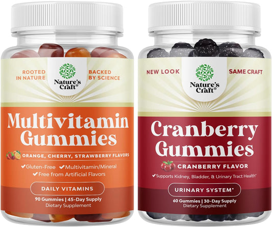 Potent Multivitamin & Cranberry Gummies Bundle for Adults - Vitamin D A C E B12 Zinc Biotin - Wellness Antioxidant for Women and Men