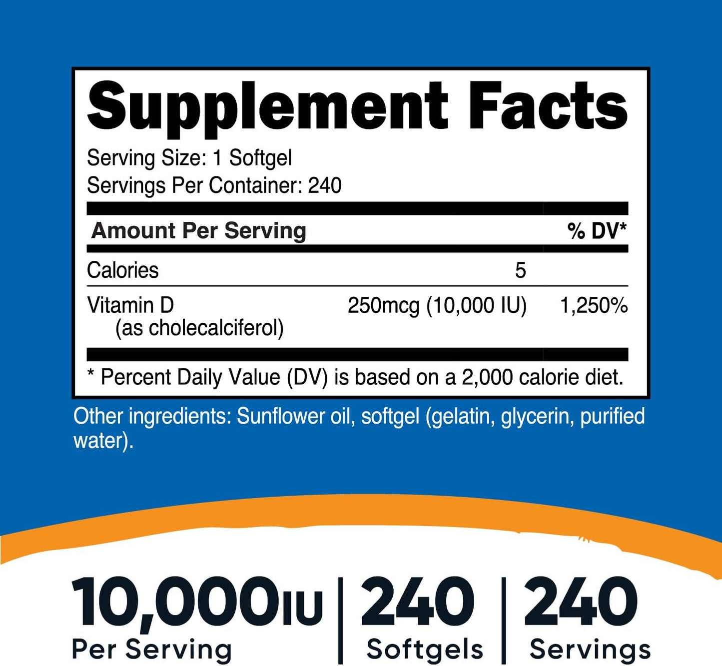 Potent Non-GMO Vitamin D3 10,000 IU Supplement, 240 Softgel Capsules - Gluten Free Formula by Nutricost