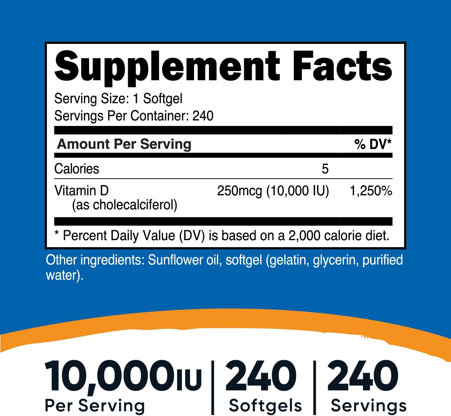 Potent Non-GMO Vitamin D3 10,000 IU Supplement, 240 Softgel Capsules - Gluten Free Formula by Nutricost