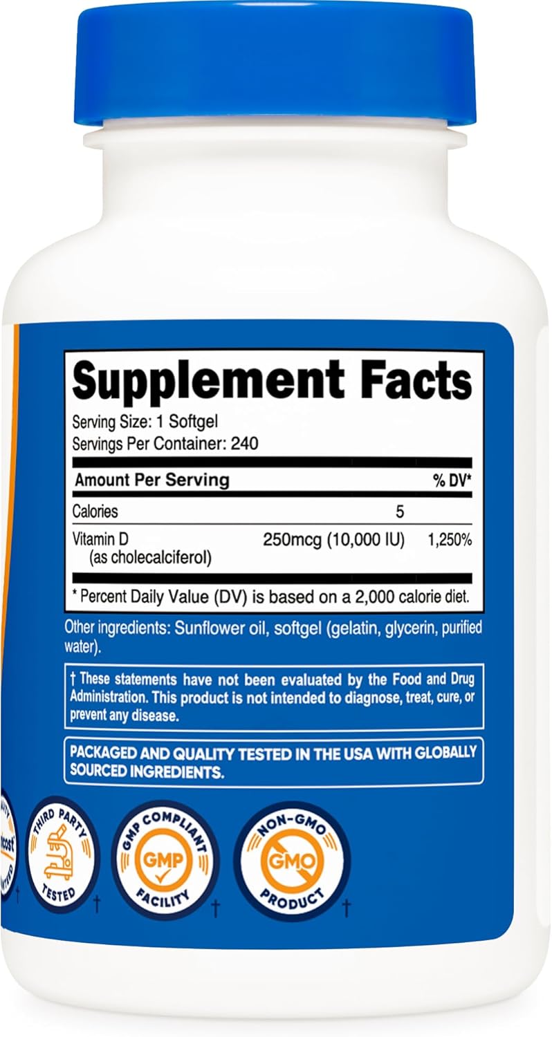 Potent Non-GMO Vitamin D3 10,000 IU Supplement, 240 Softgel Capsules - Gluten Free Formula by Nutricost