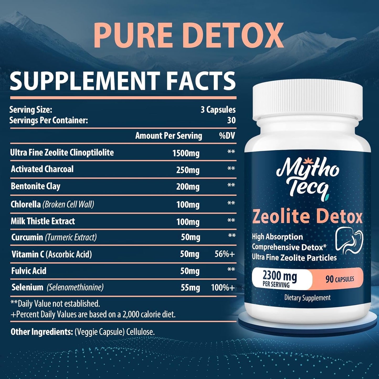 Powerful 2300mg Zeolite Detox Capsules with Activated Charcoal & Bentonite Clay - Full Body, Liver & Gut Cleanse, Heavy Metal Detox - 180 Capsules