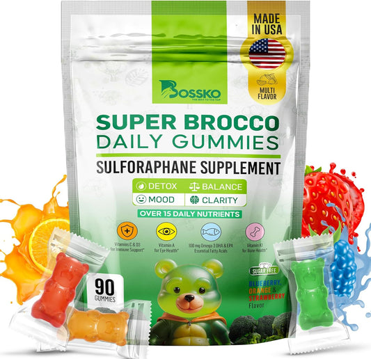 Powerful Antioxidant Bossko Sulforaphane Gummies with Omega 3 Fish Oil & Essential Nutrients - Vegan & Zero Sugar - 90ct