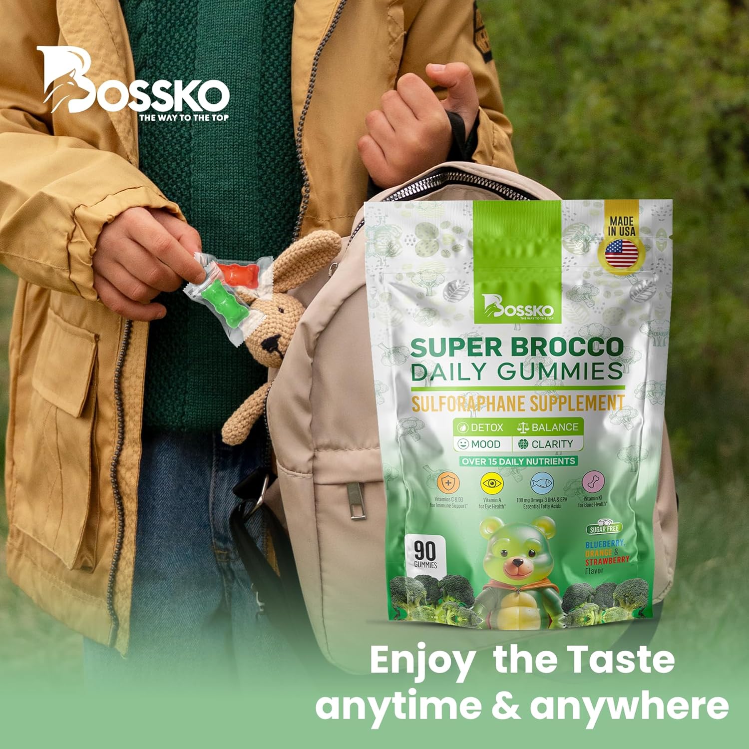 Powerful Antioxidant Bossko Sulforaphane Gummies with Omega 3 Fish Oil & Essential Nutrients - Vegan & Zero Sugar - 90ct