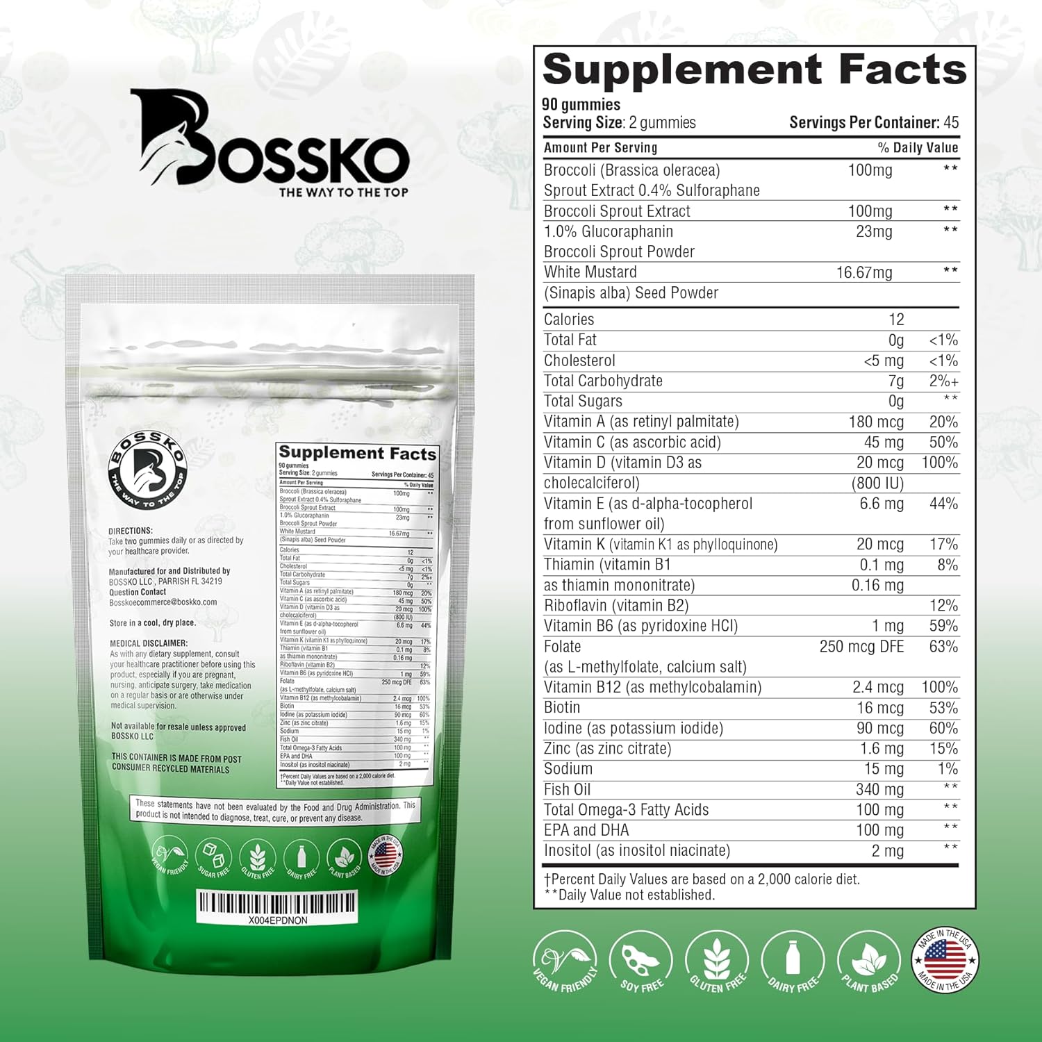 Powerful Antioxidant Bossko Sulforaphane Gummies with Omega 3 Fish Oil & Essential Nutrients - Vegan & Zero Sugar - 90ct