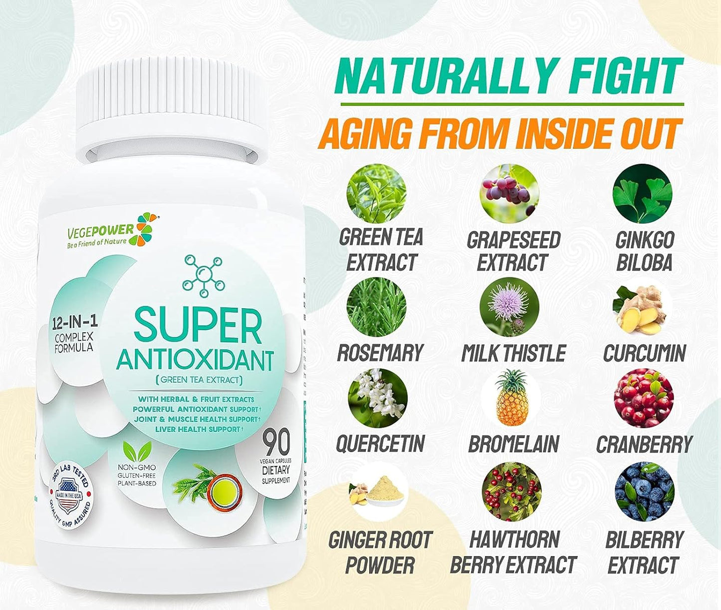 Powerful Antioxidant & Immune Support with Green Tea Extract, Grapeseed, Milk Thistle - Herbal Blend for Skin Care - 90 Vegan Capsules