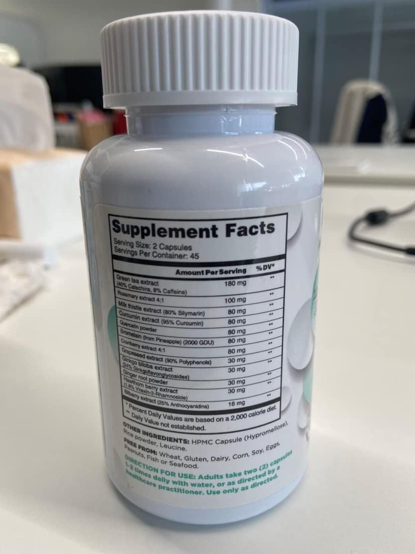 Powerful Antioxidant & Immune Support with Green Tea Extract, Grapeseed, Milk Thistle - Herbal Blend for Skin Care - 90 Vegan Capsules