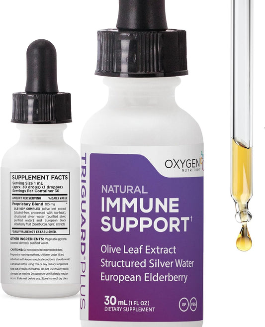 Powerful Immune System Booster Liquid | Oxygen Nutrition Triguard Plus Concentrate with Colloidal Silver, Sambucus Elderberry Extract, & Olive Leaf Extract | Great Taste | 1oz - Made in USA