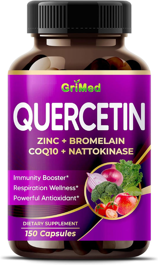 Powerful Immunity Booster with GriMed Quercetin 19,800mg, Zinc, Bromelain, CoQ10, and Nattokinase - Antioxidant Support - 150 Count - Made in USA