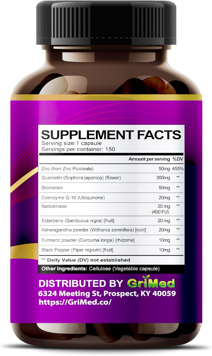 Powerful Immunity Booster with GriMed Quercetin 19,800mg, Zinc, Bromelain, CoQ10, and Nattokinase - Antioxidant Support - 150 Count - Made in USA