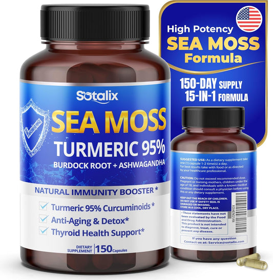 Powerful Natural Immunity Booster Capsules with Sea Moss, Ashwagandha, Turmeric - 10100mg - Made in USA - 150 Count