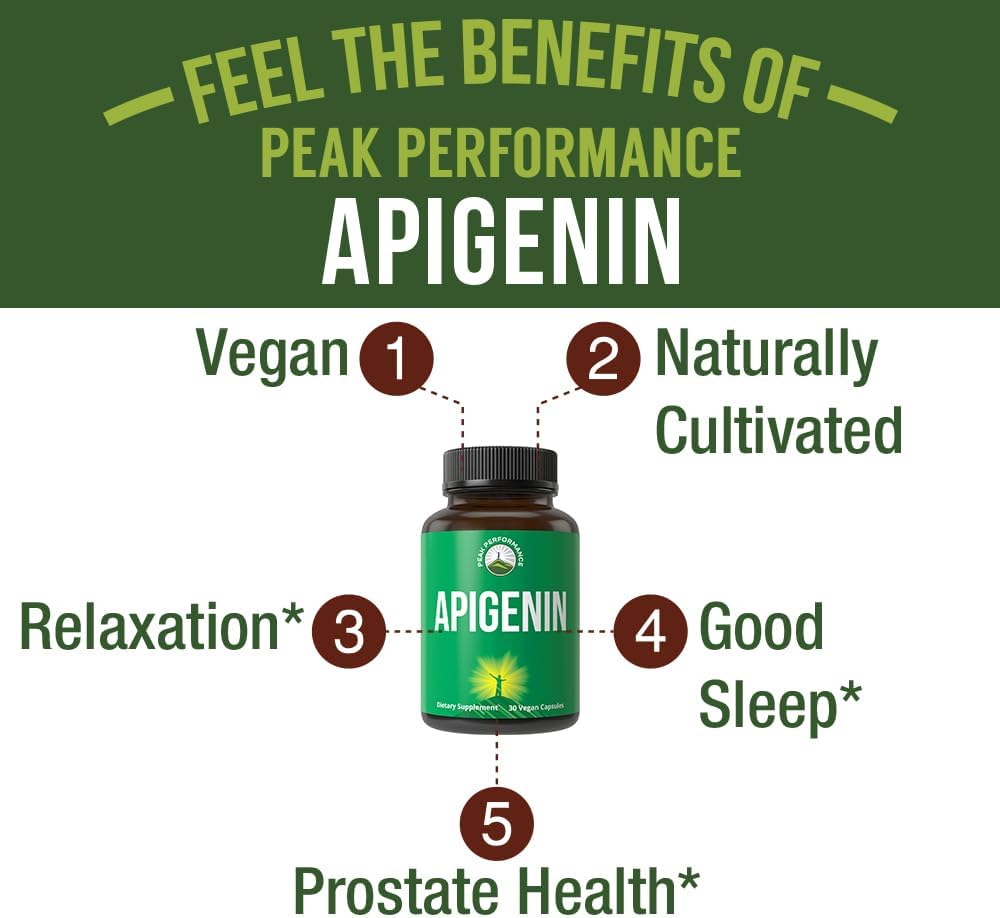 Powerful Vegan Apigenin Capsules for Peak Performance, Relaxation, and Prostate Support - Non GMO, 50mg - Made in USA