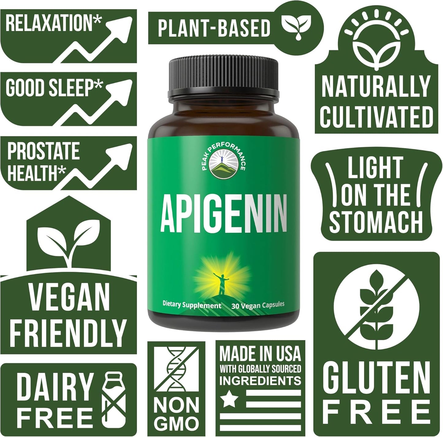 Powerful Vegan Apigenin Capsules for Peak Performance, Relaxation, and Prostate Support - Non GMO, 50mg - Made in USA