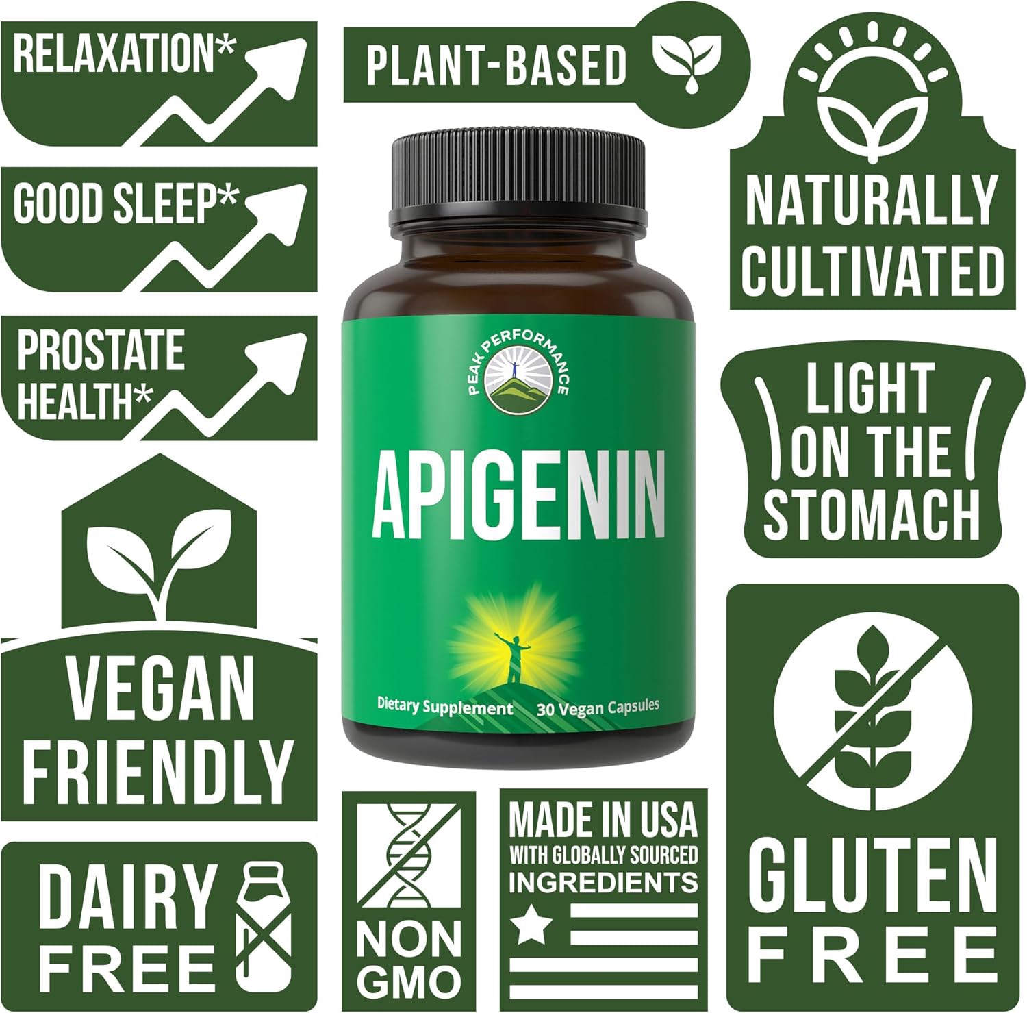 Powerful Vegan Apigenin Capsules for Peak Performance, Relaxation, and Prostate Support - Non GMO, 50mg - Made in USA