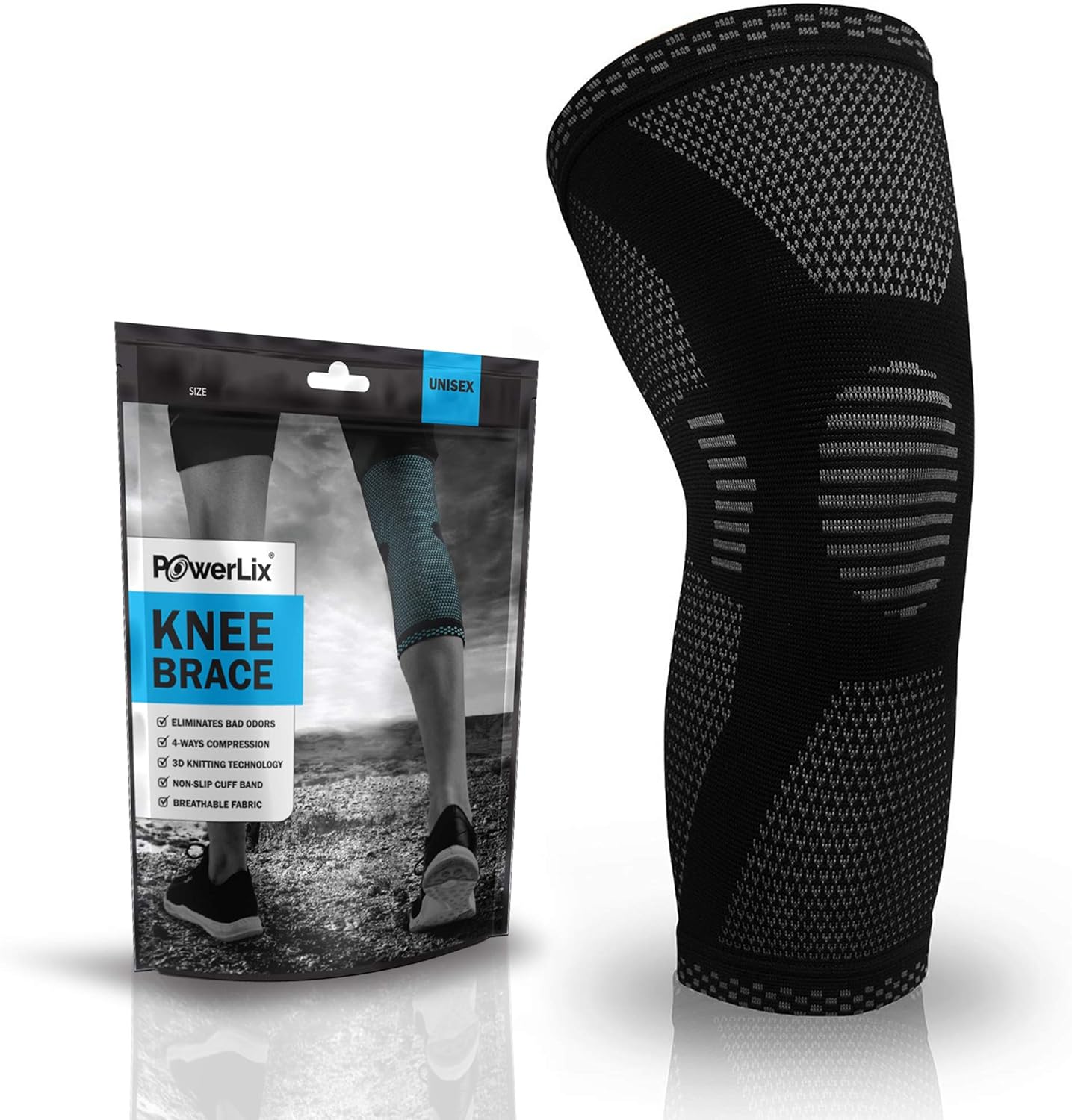 POWERLIX Knee Brace - Ultimate Support for Leg Pain in Running, Basketball, Volleyball, Weightlifting & More - Unisex Sizing Guide Included