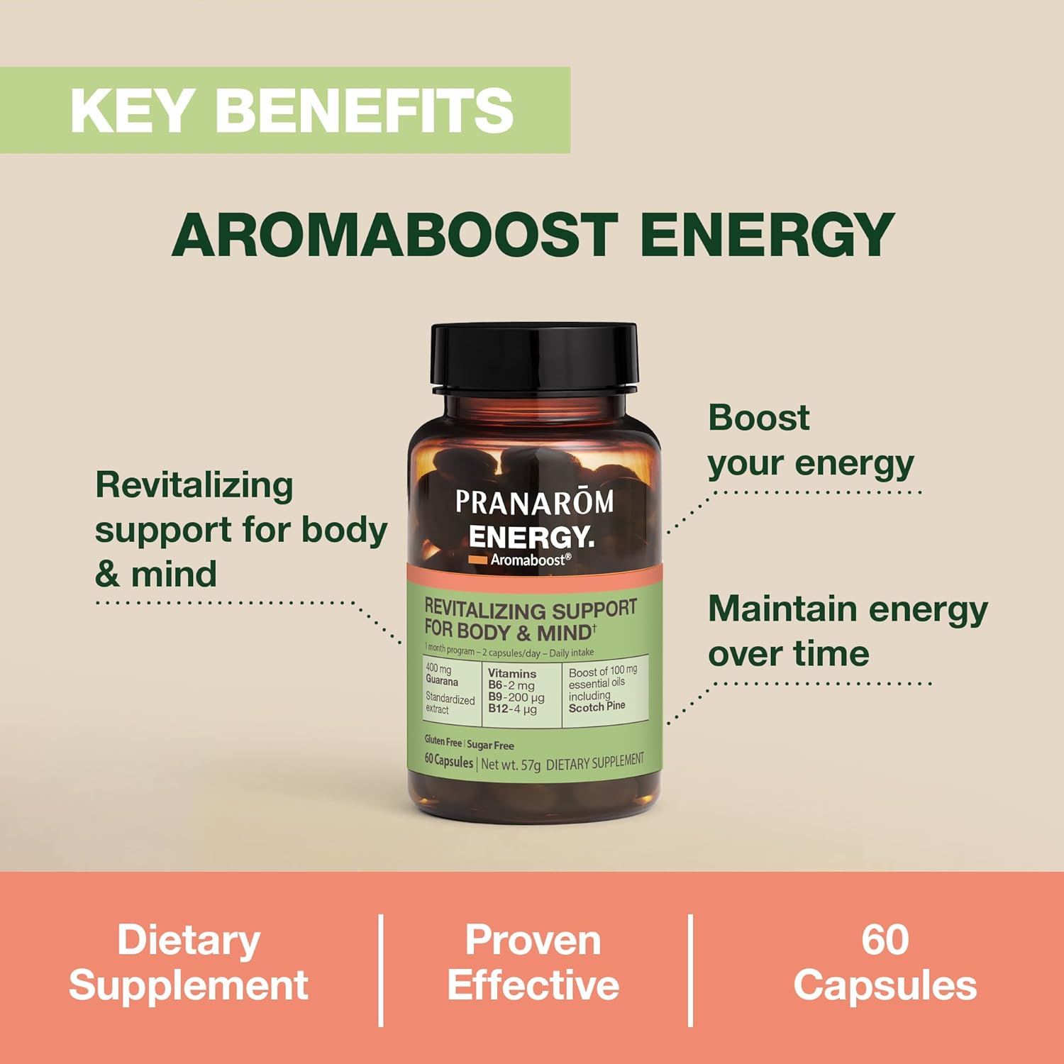 Pranarom Aromaboost Energy Supplement with Guarana and Pure Scots Pine Essential Oil - 60 Count