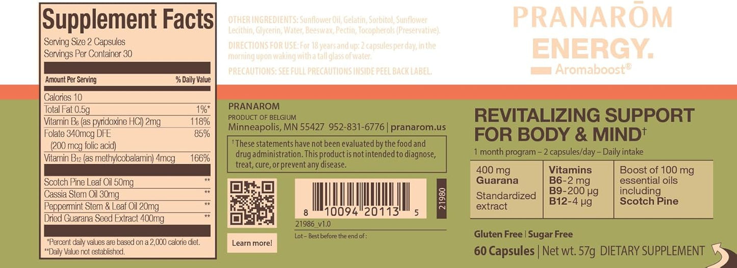 Pranarom Aromaboost Energy Supplement with Guarana and Pure Scots Pine Essential Oil - 60 Count
