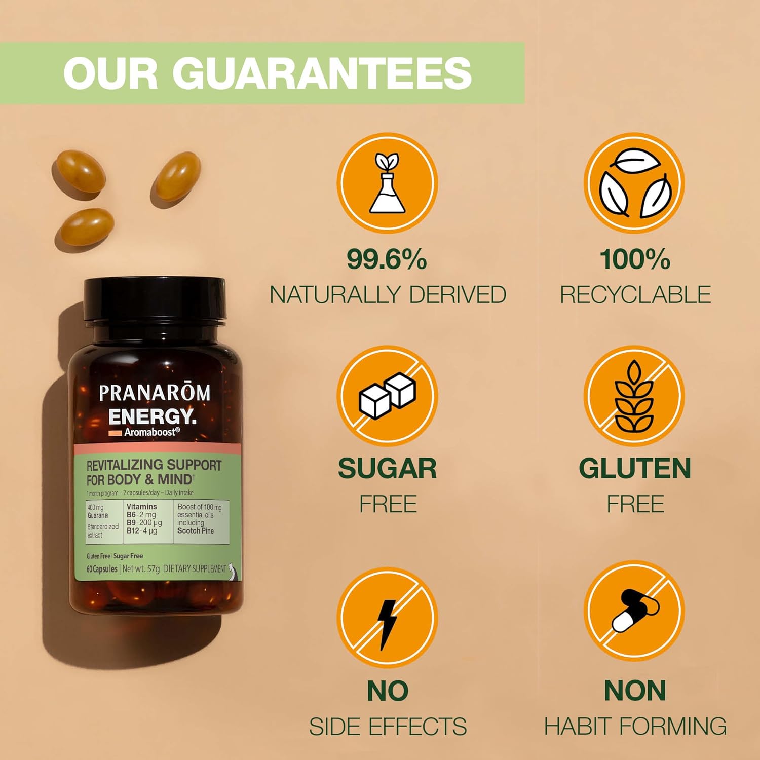 Pranarom Aromaboost Energy Supplement with Guarana and Pure Scots Pine Essential Oil - 60 Count