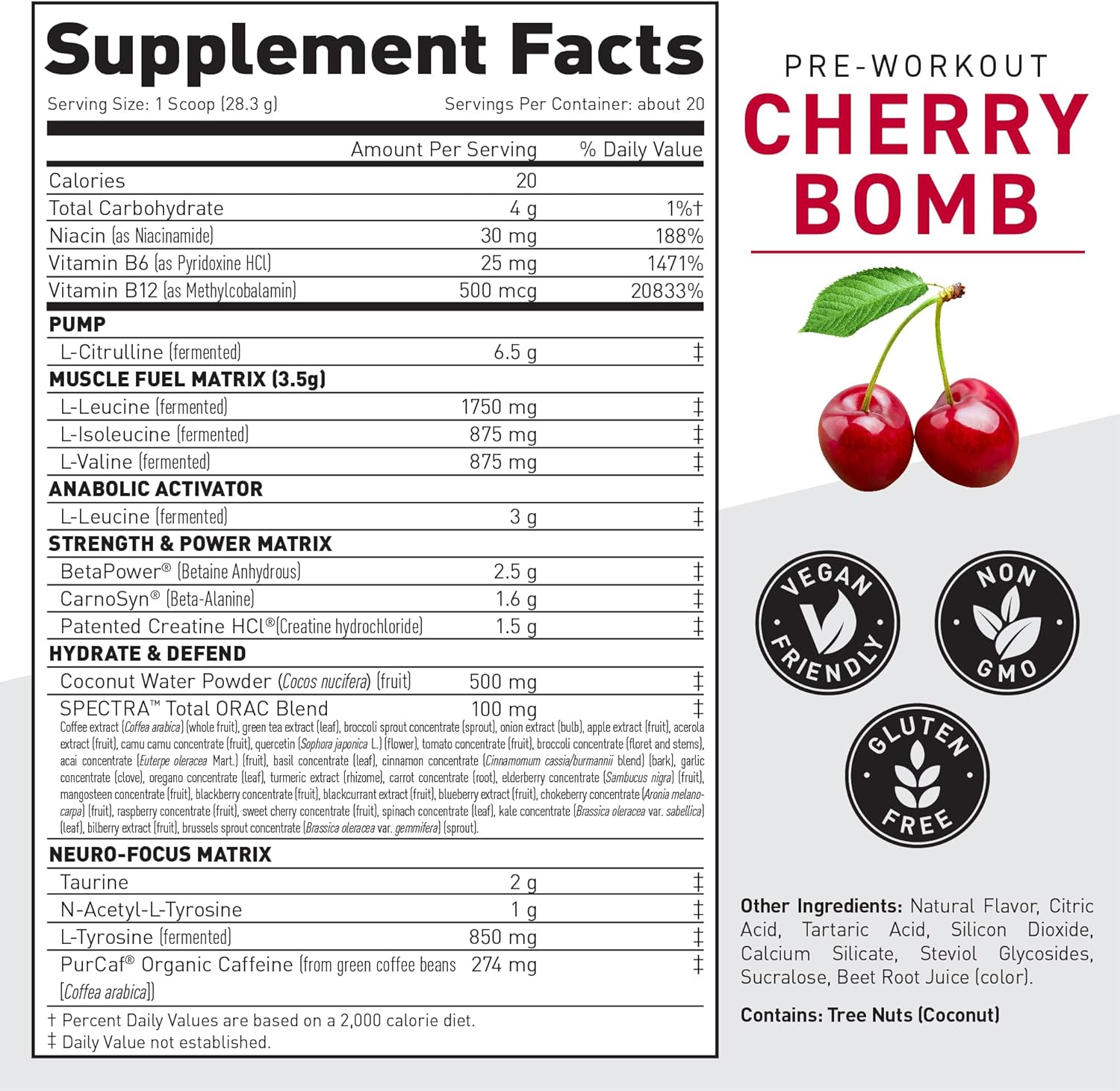 Pre-Kaged Cherry Bomb Pre Workout Powder - Formulated with Creatine, Beta Alanine, and Pure Caffeine - 20 Servings