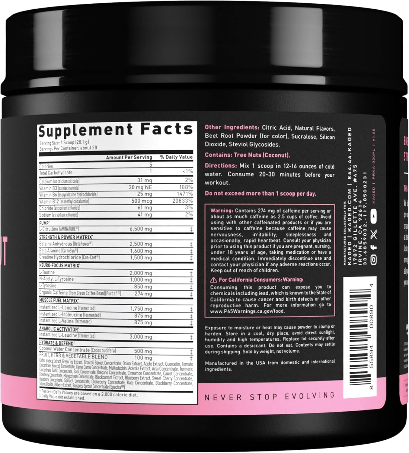Pre-Kaged Pink Lemonade Pre Workout Powder with Creatine & Caffeine - 20 Servings