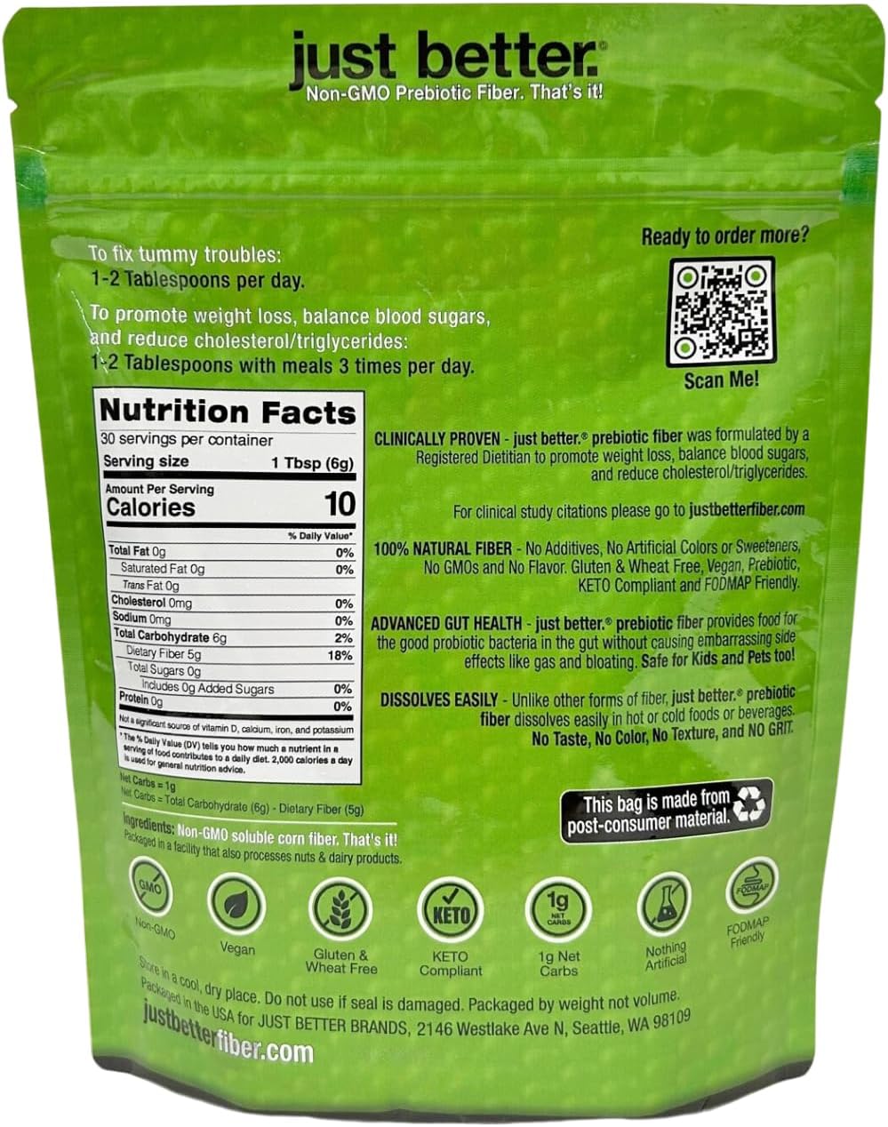 Prebiotic Fiber Supplement Powder for Healthy Gut | Smooth Texture, Tasteless, Bloating & Gas Free | Promotes Fullness, Keto Friendly Vegan - 30 Servings