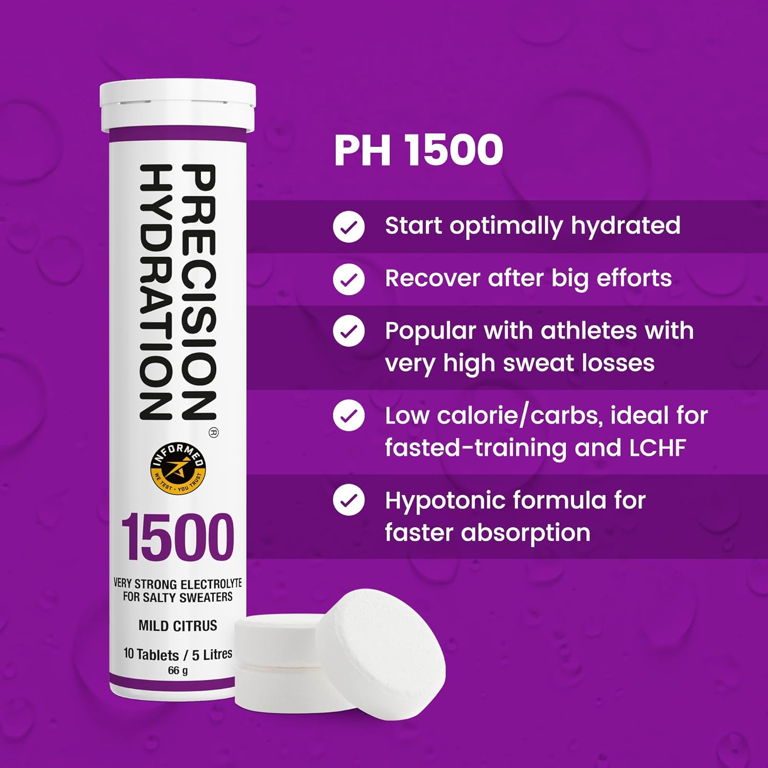 Precision Hydration Lite Electrolyte Drink Tablets - Multi Strength Effervescent Hydration - Combat Cramps - Low Calorie, Gluten Free, Vegan - NSF Certified - Purple Tube, 1 Tube