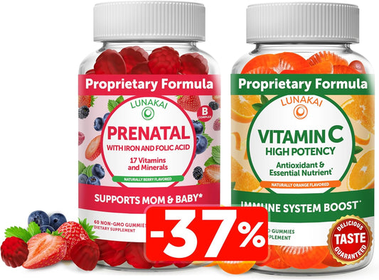 Pregnancy Multivitamin Bundle: Lunakai Prenatal & Vitamin C Gummies - Iron, Folic Acid, Organic & Vegan - 30 Day Supply