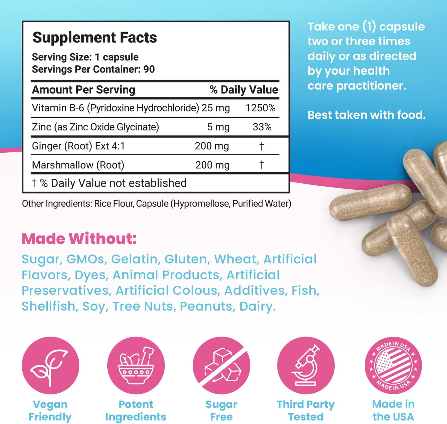 Pregnancy Support Supplement with Vitamin B6, Ginger, and Zinc for Morning Queasiness Relief - 90 Veggie Capsules