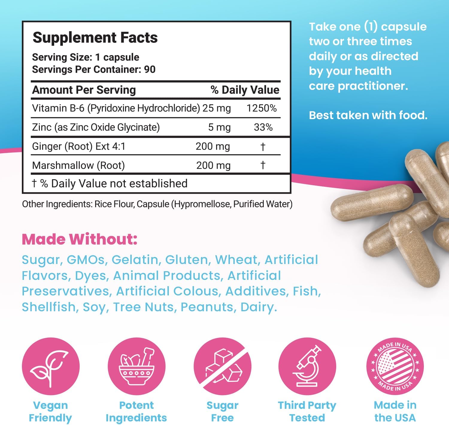 Pregnancy Support Supplement with Vitamin B6, Ginger, and Zinc for Morning Queasiness Relief - 90 Veggie Capsules